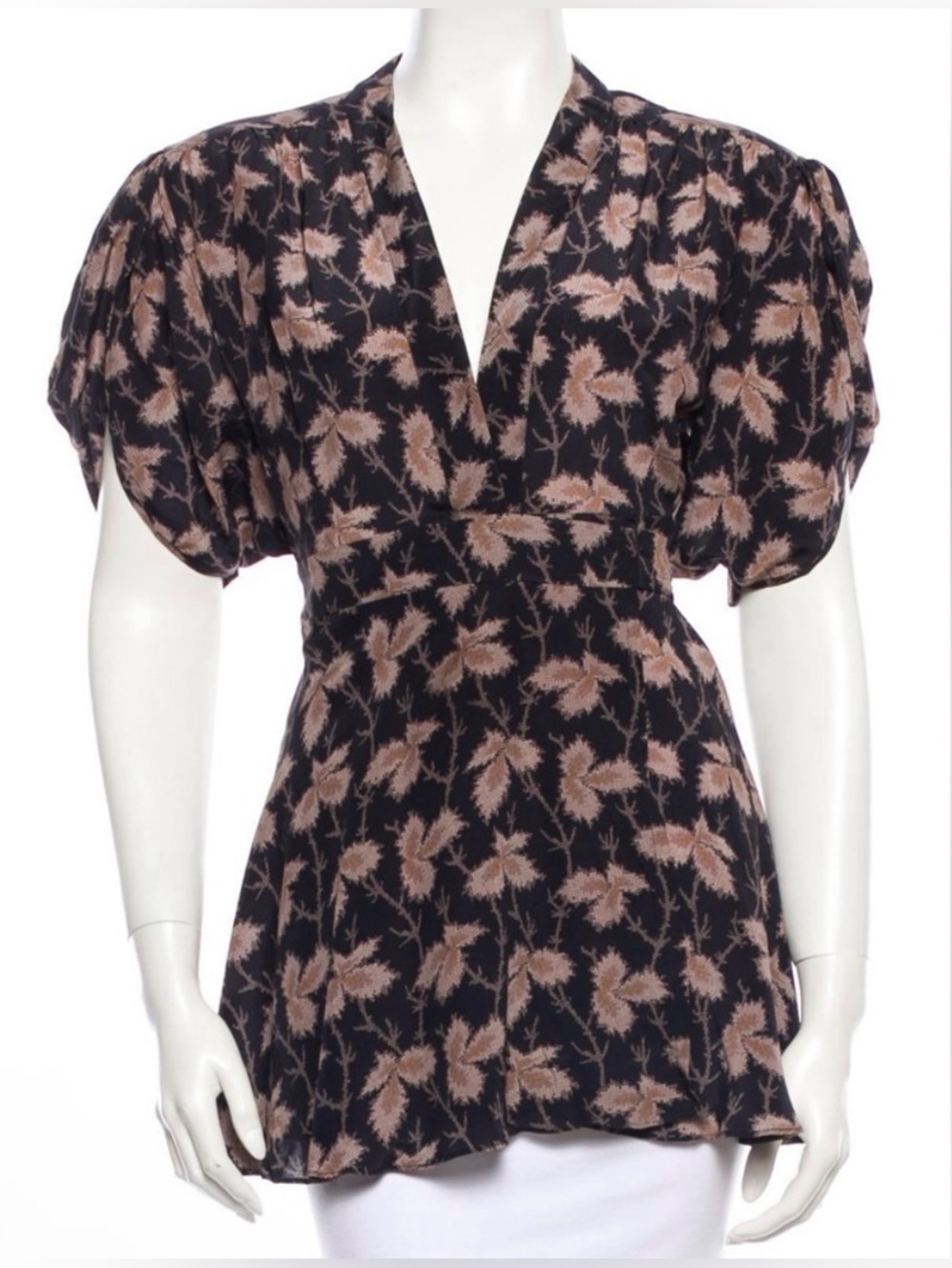 Stella McCartney Black Floral Silk Tie Waist Puff Sleeve Top Size 38 (S)